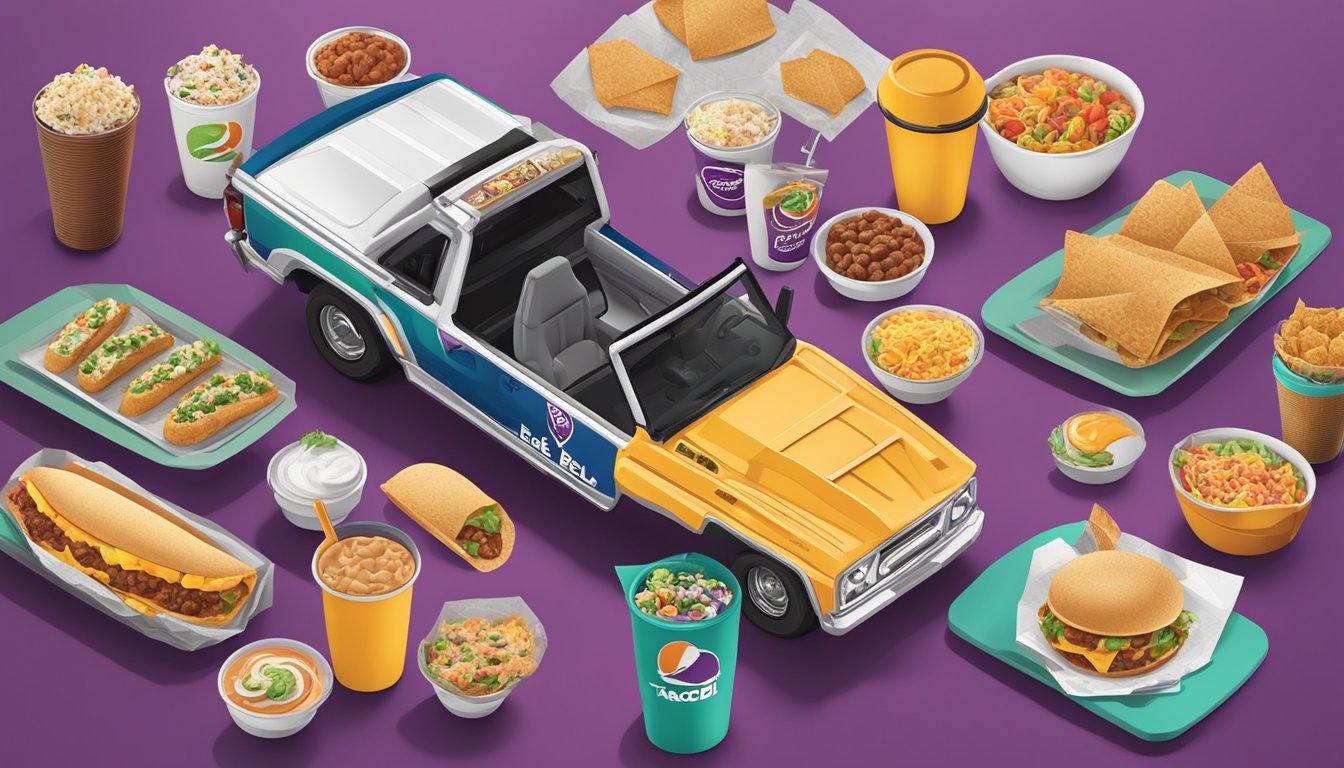 A Grande Scrambler with various add-ons sits next to a collection of 13 Taco Bell breakfast items, showcasing the options for customization and money-saving hacks