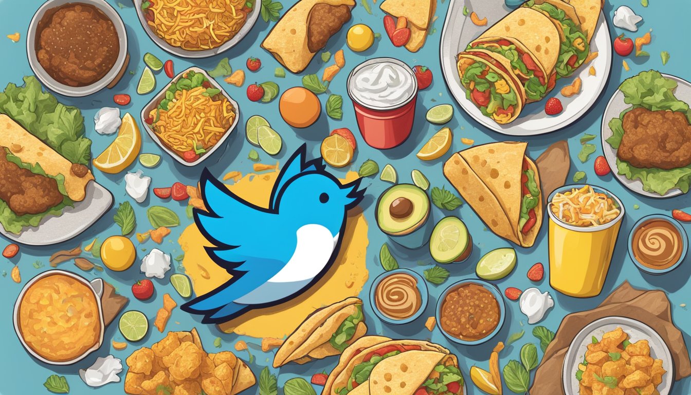 A colorful Twitter logo surrounded by various breakfast items like tacos, burritos, and hash browns, with hashtags and retweet symbols floating around