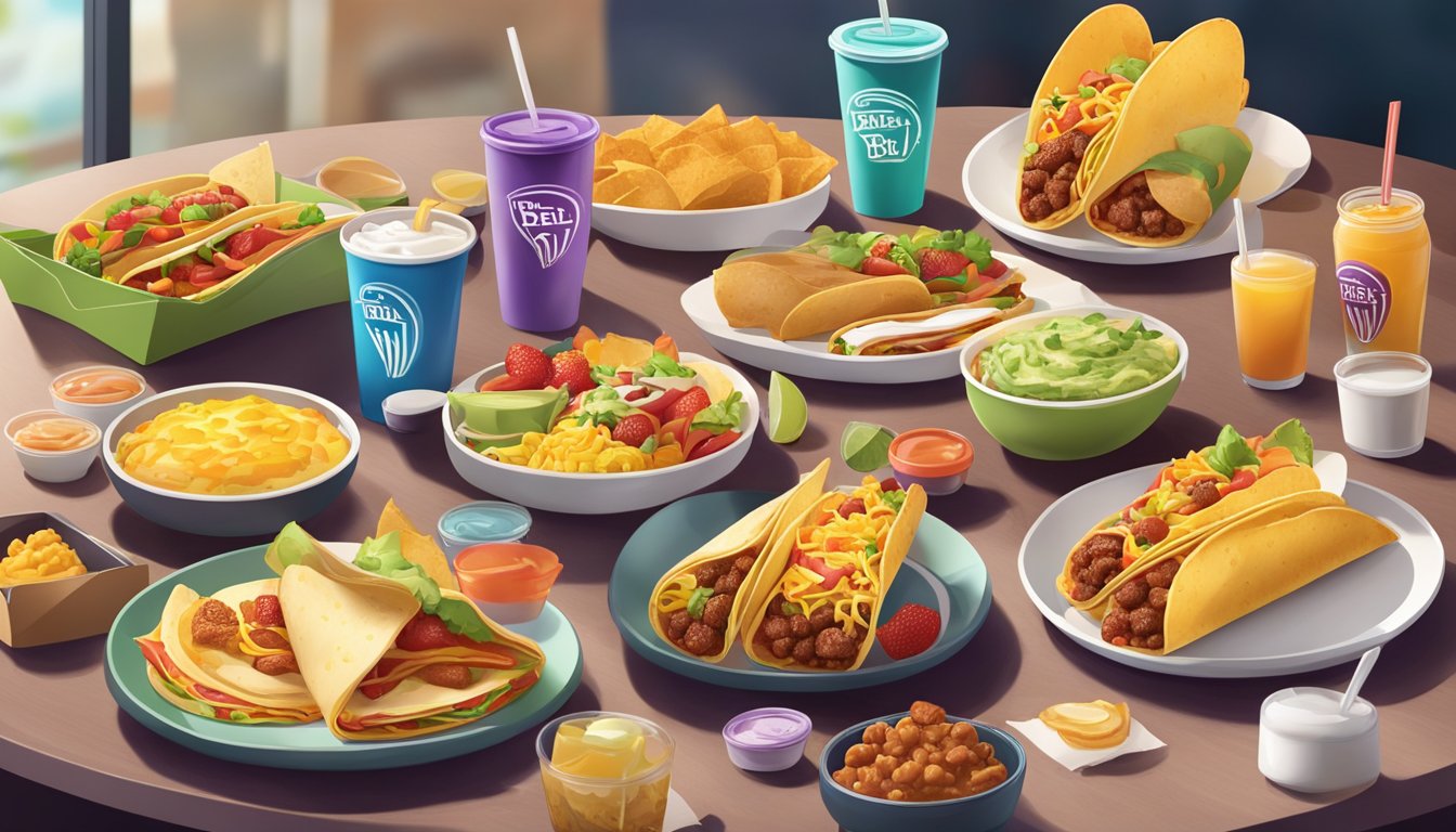 A colorful Taco Bell breakfast spread with various menu items arranged on a table, surrounded by happy customers enjoying their morning meals