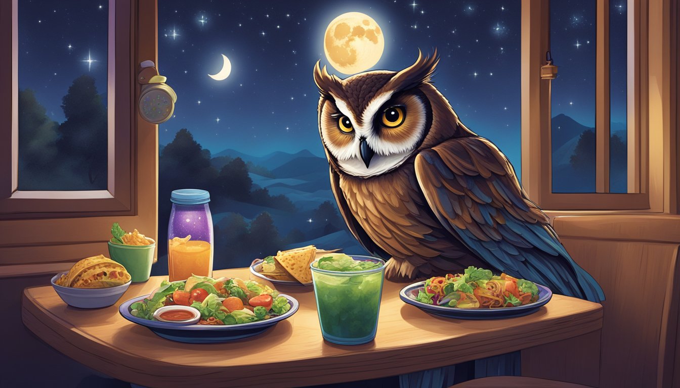 A night owl sitting at a table, enjoying a variety of vegetarian options from Taco Bell's breakfast menu. The moon and stars are visible through the window