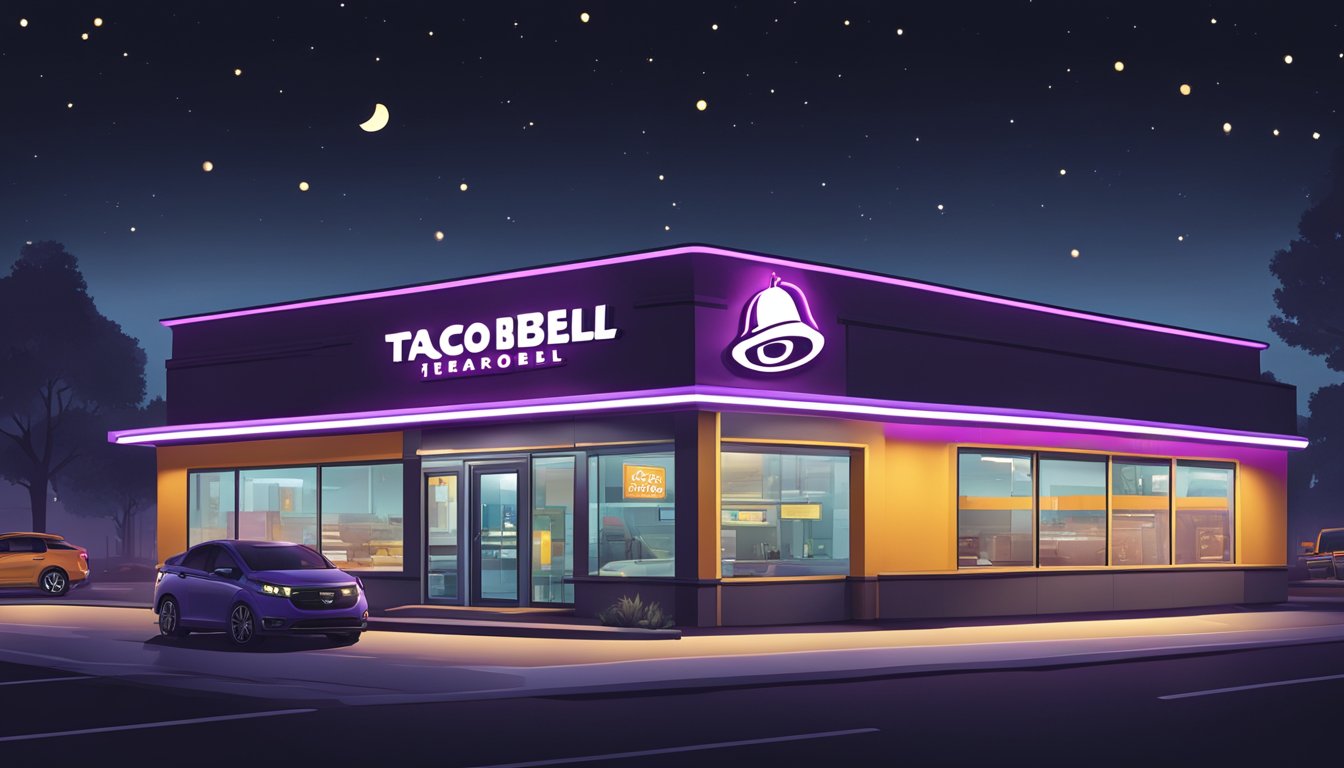 A Taco Bell restaurant at night, with a glowing sign and drive-thru window, surrounded by dark streets and a few late-night customers