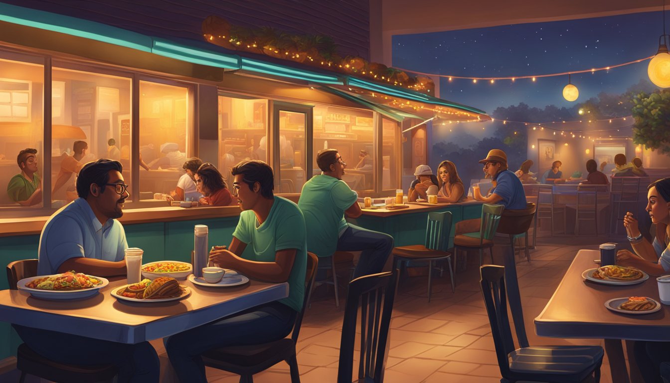 A cozy diner bathed in warm, dim lighting, with steaming plates of breakfast tacos and burritos on a table, surrounded by night owls enjoying a late-night meal