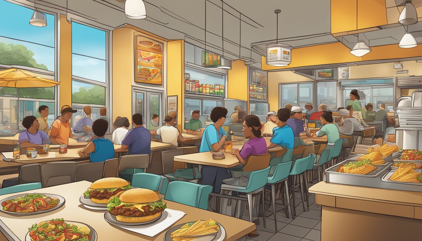 A bustling fast food restaurant with various breakfast items on the menu, including waffle tacos and other spin-offs influenced by Taco Bell's breakfast offerings