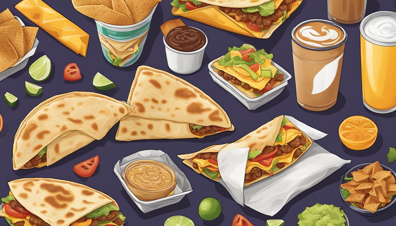 A breakfast crunchwrap surrounded by various imitations from different fast food chains, showcasing the influence of Taco Bell's breakfast menu