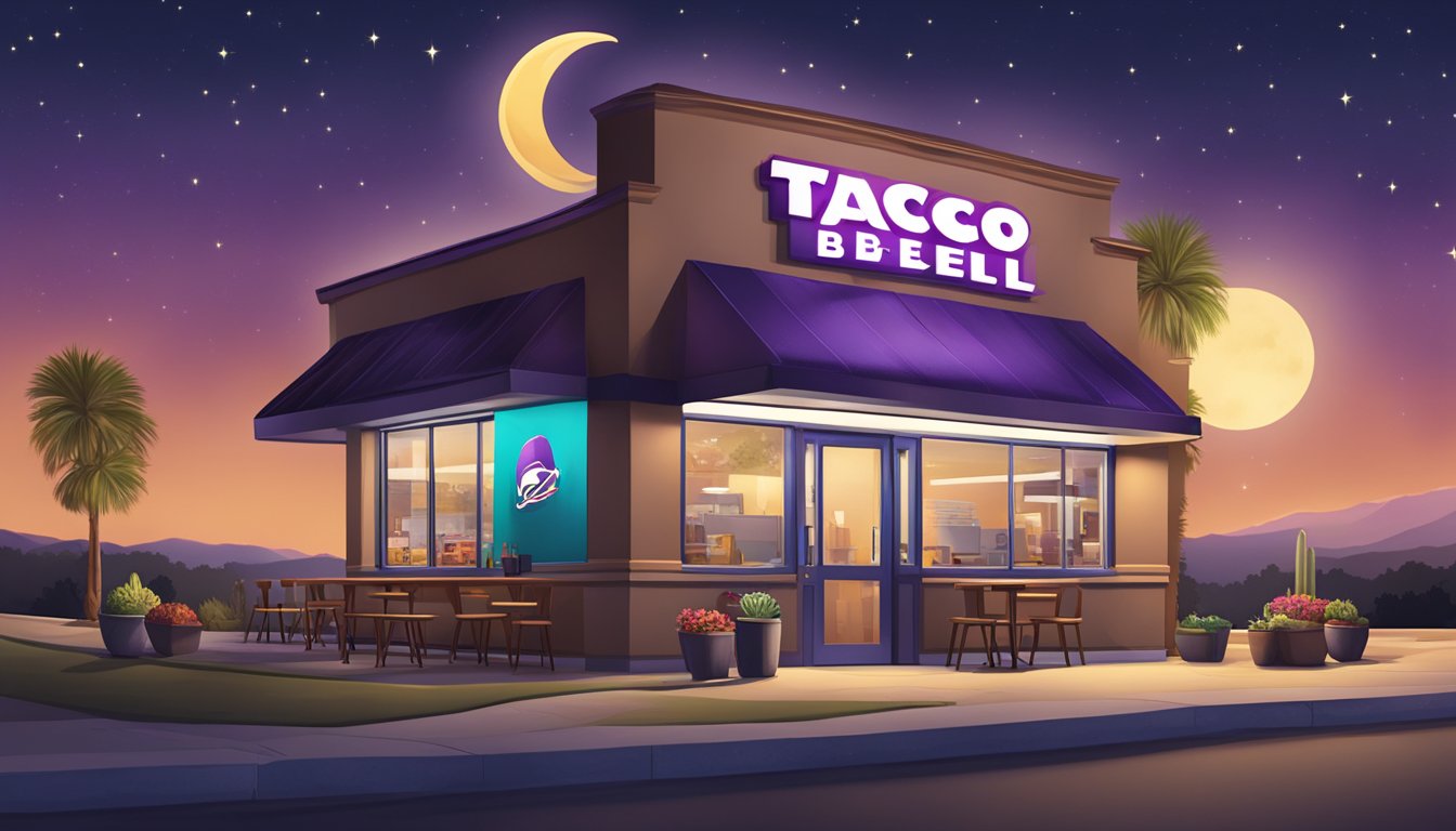 A cozy night scene with a crescent moon in the sky, a lit-up Taco Bell sign, and a table set with a variety of breakfast items