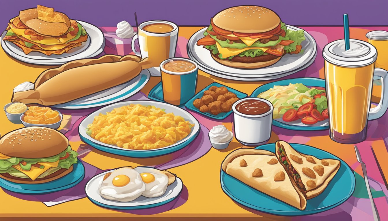 A colorful array of breakfast items from various fast food chains, including egg-stuffed options, arranged on a table with Taco Bell's logo in the background