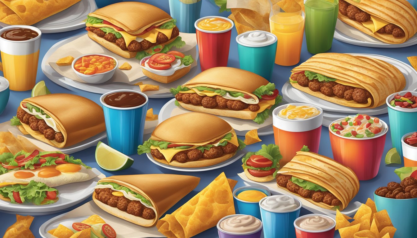 A colorful and dynamic illustration of various breakfast items from different fast food chains, including cheesy burritos and tacos, showcasing the influence of Taco Bell's breakfast menu