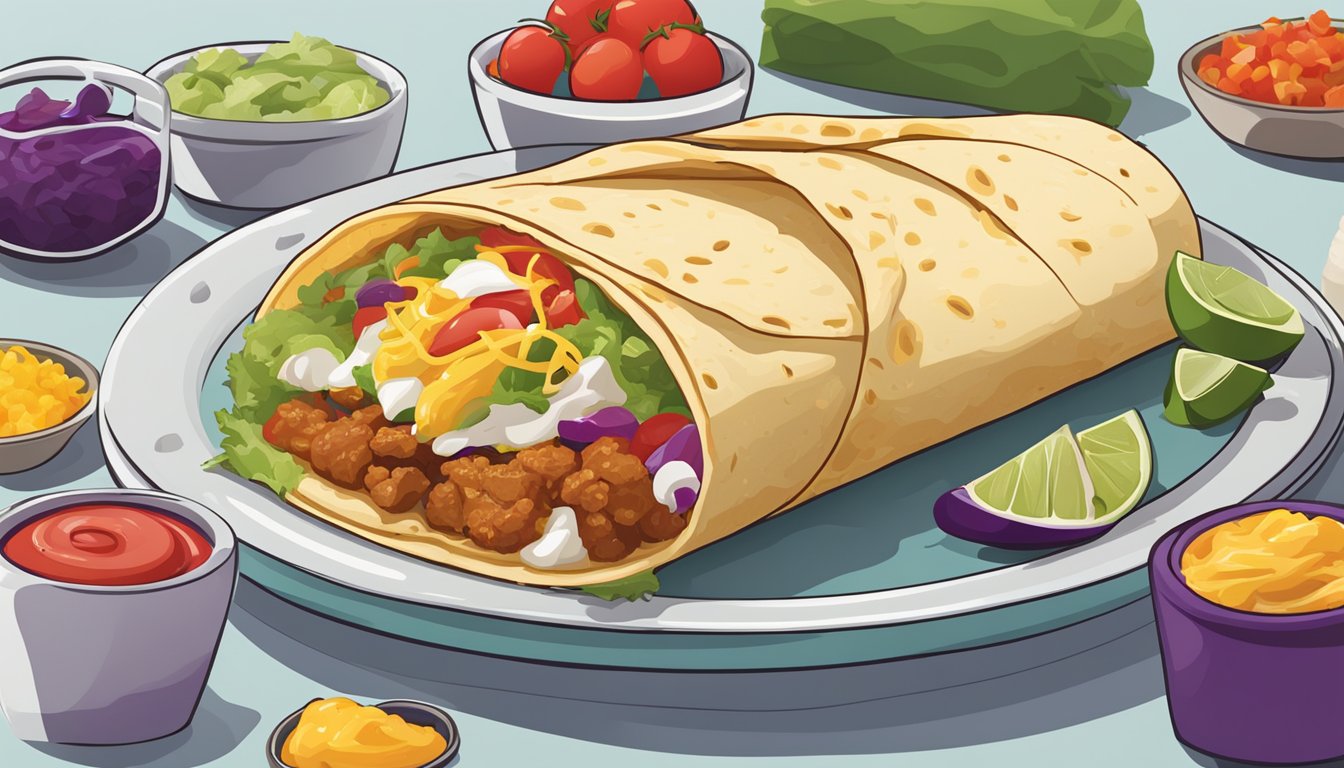 A colorful breakfast burrito surrounded by fresh ingredients and a Taco Bell logo in the background