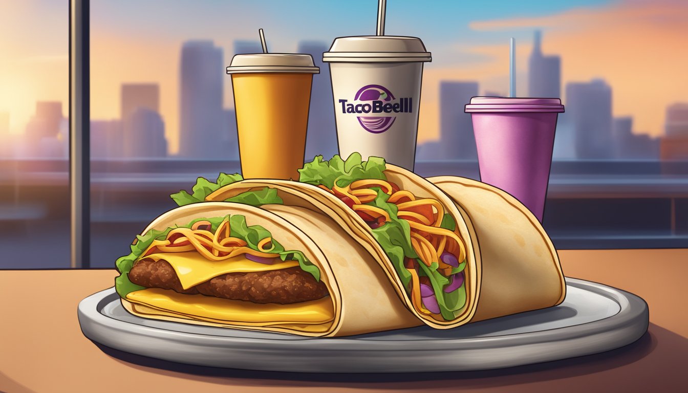 A line of fast food items inspired by Taco Bell's breakfast menu, including A.M. Grilled Tacos, displayed on a restaurant counter