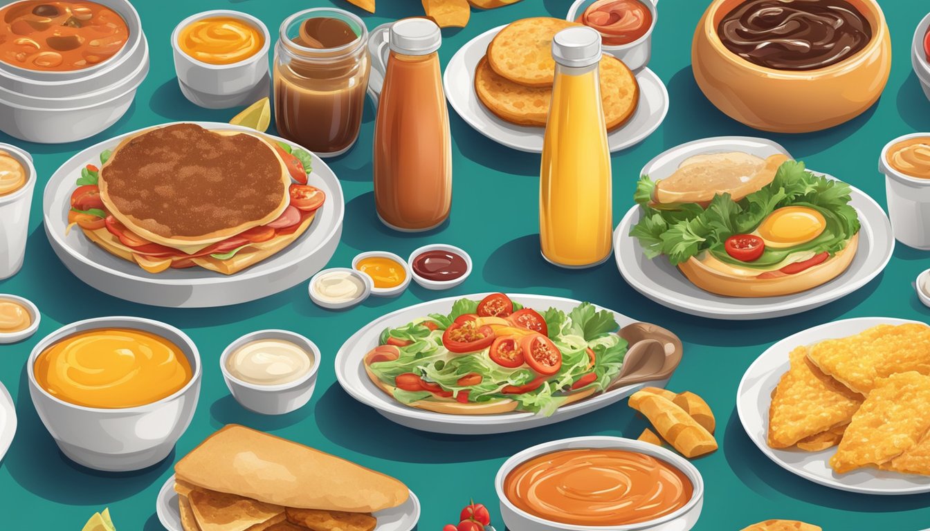 A table with 8 different breakfast sauces in colorful containers, surrounded by various fast food logos and menu items