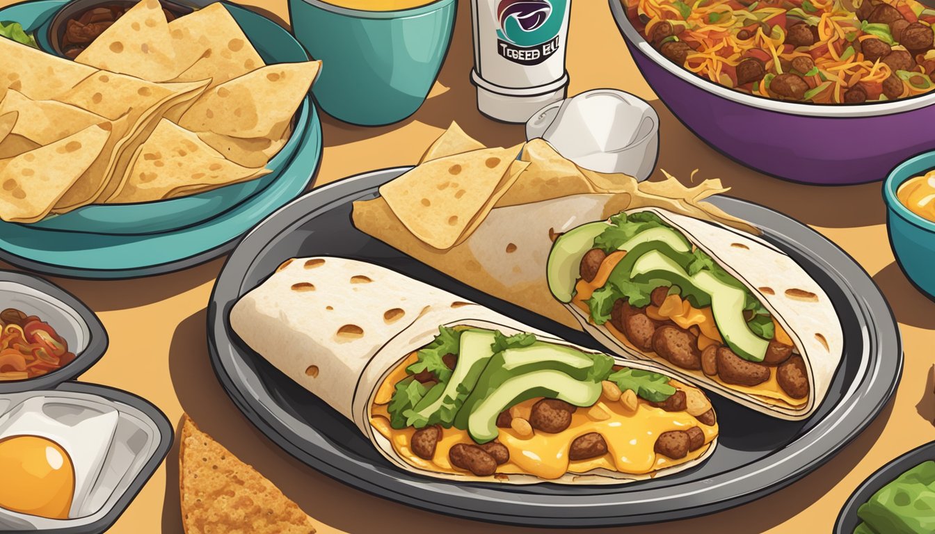 A breakfast burrito with melted cheese and toasted tortilla, surrounded by various Taco Bell breakfast items for meal prep