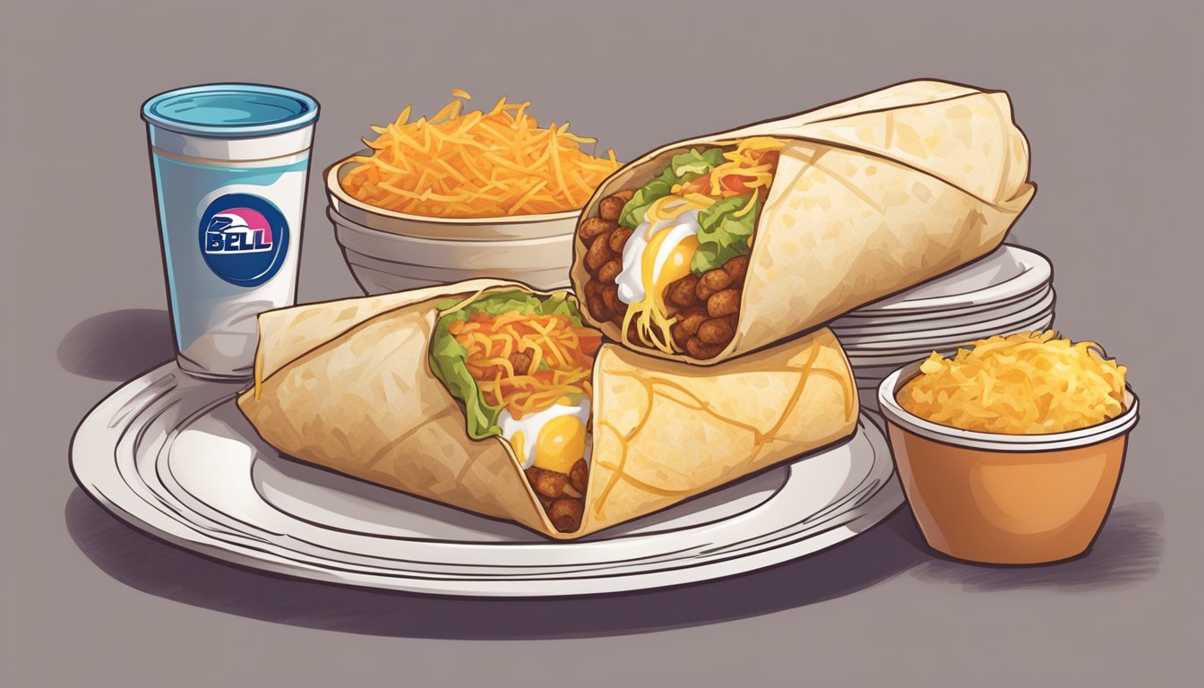 A breakfast burrito filled with hash browns, eggs, and cheese, toasted to perfection, sits on a plate alongside other Taco Bell breakfast items