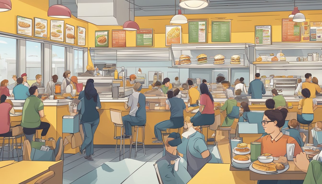 A bustling breakfast rush at a fast food chain, with various menu items prominently displayed and customers eagerly ordering