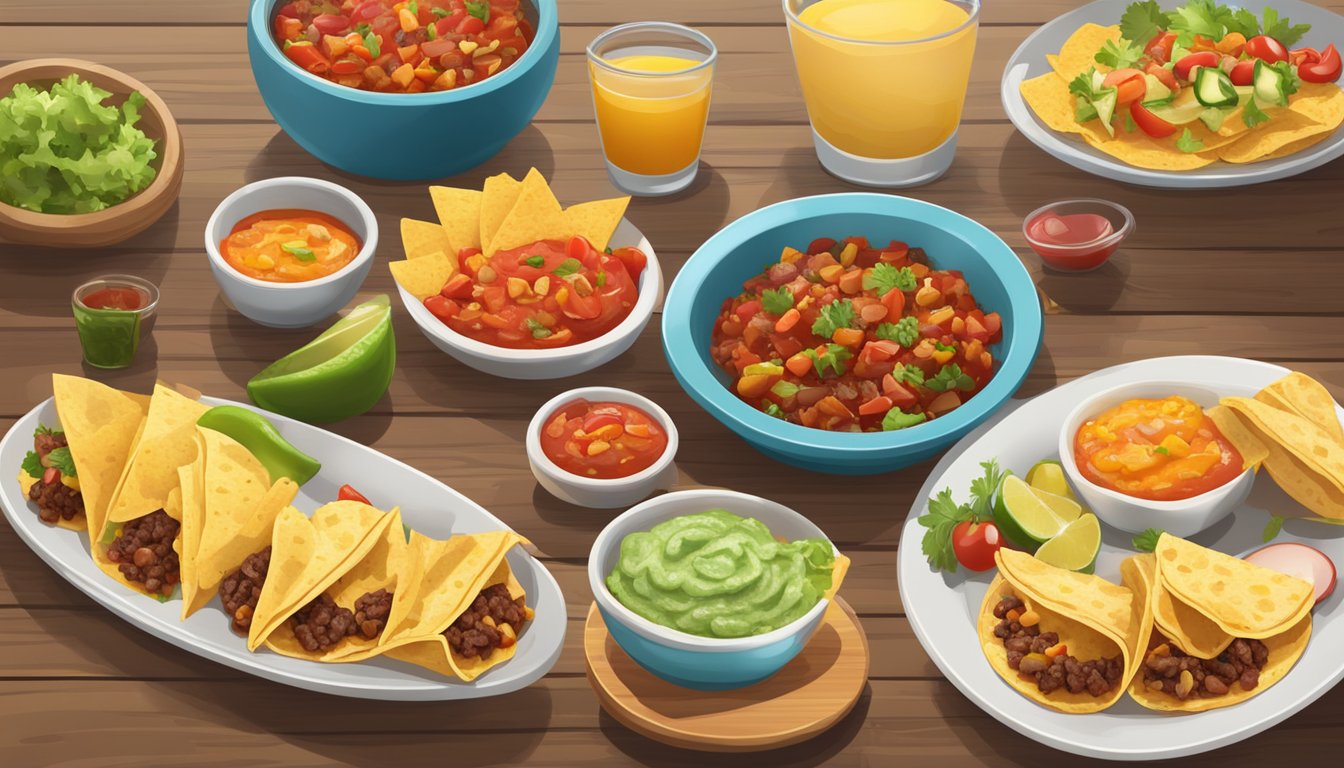 A colorful spread of breakfast tacos and salsa arranged on a wooden table, with steam rising from the freshly prepared food