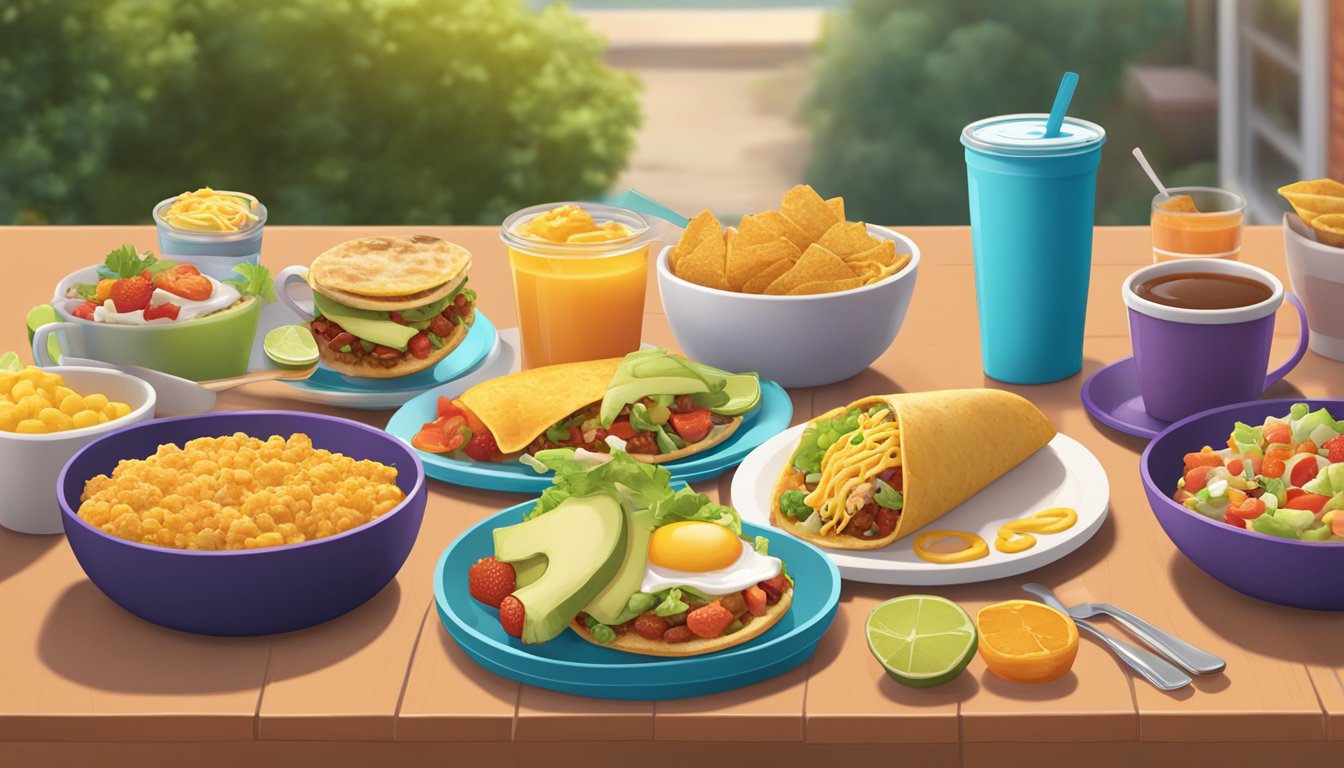 A sunny outdoor patio with colorful Taco Bell breakfast items arranged on a table, surrounded by happy, animated anthropomorphic breakfast foods