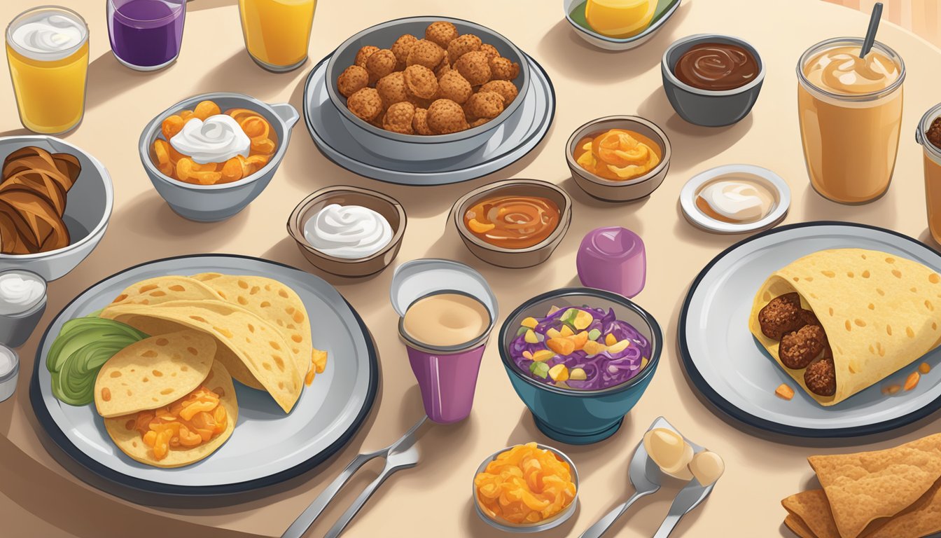 A table set with a variety of Taco Bell breakfast items, including Cinnabon Delights, ready for meal prep