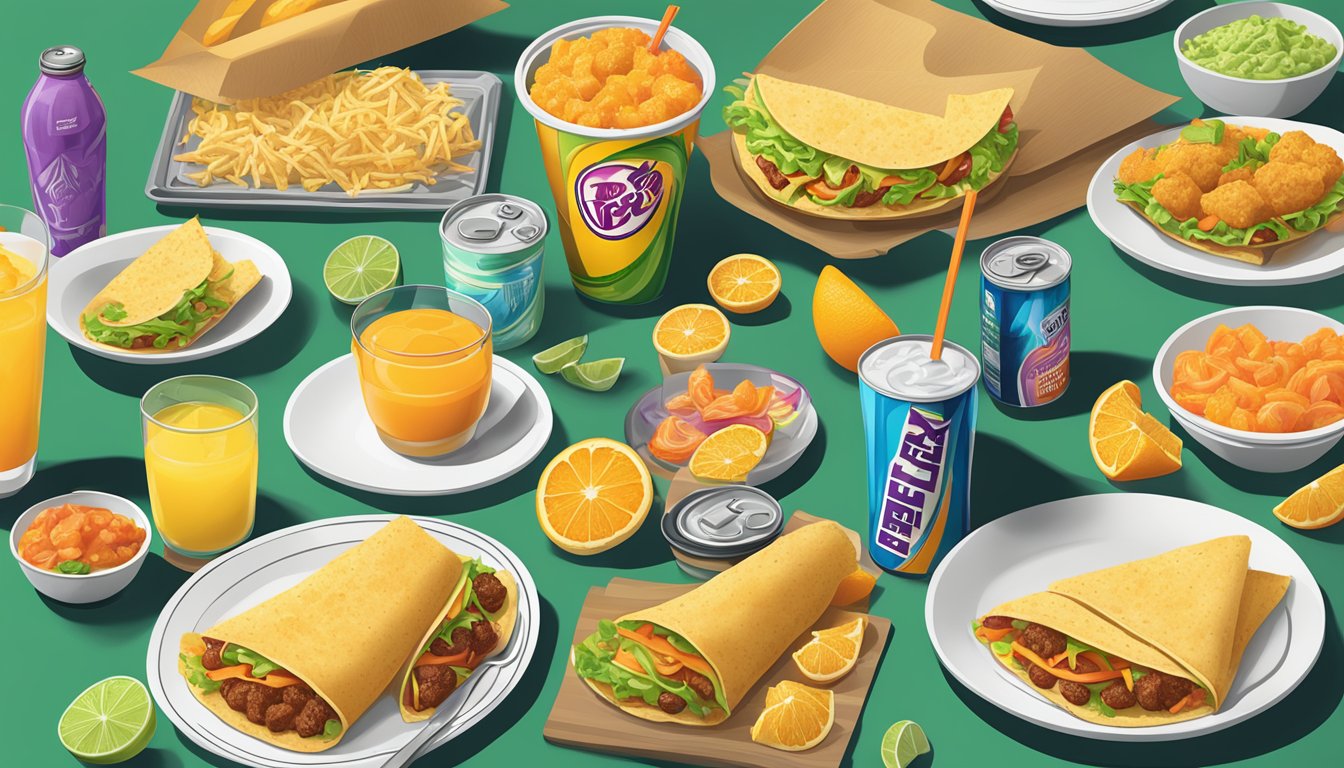 A table set with a variety of Taco Bell breakfast items and a can of Mountain Dew Kickstart Orange Citrus