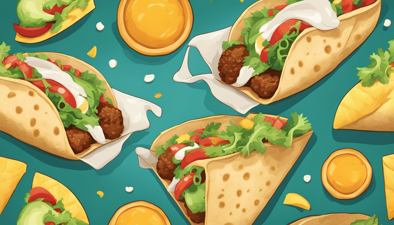 A breakfast burrito and tacos are being juggled in a comical manner