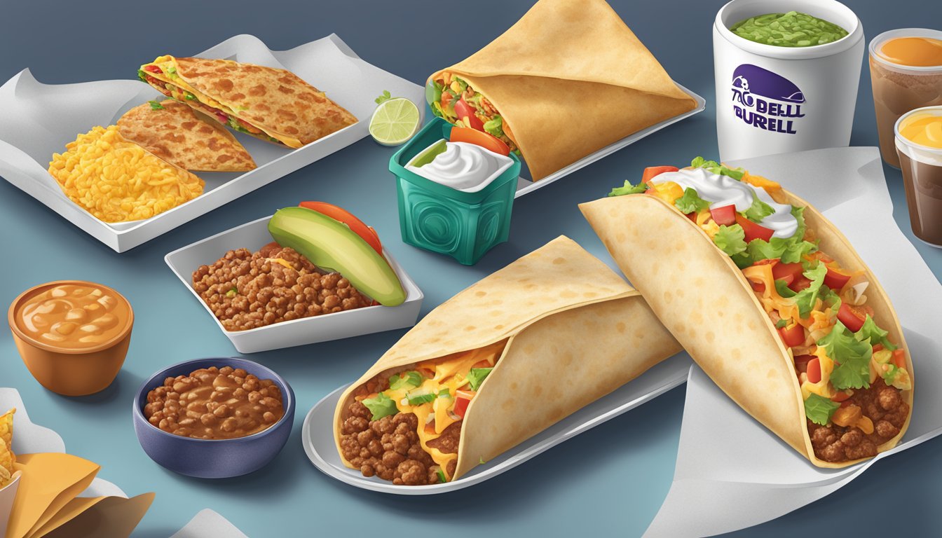 A breakfast spread with six Taco Bell items: breakfast burrito, Crunchwrap, and more, showcasing their high-protein content