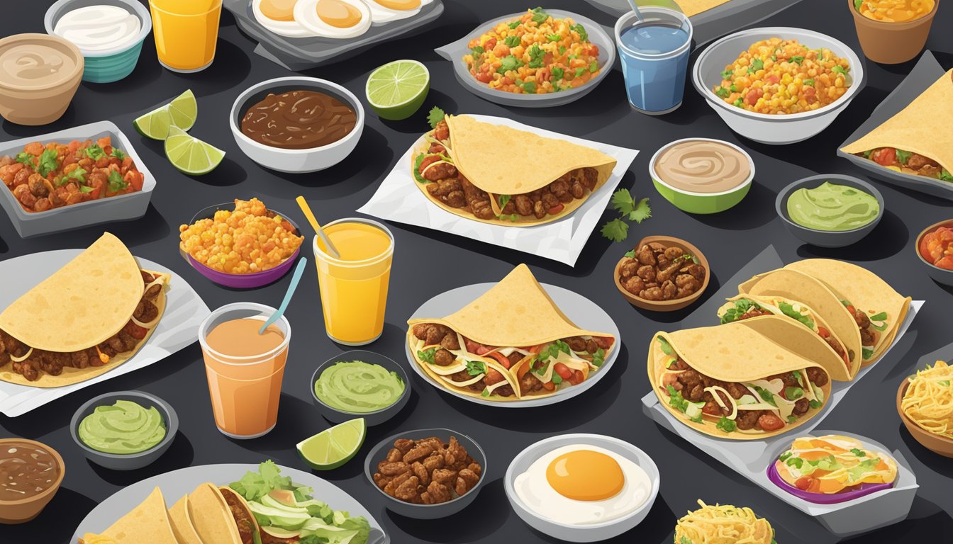 A breakfast spread with a variety of grilled tacos and other Taco Bell items arranged for meal prep