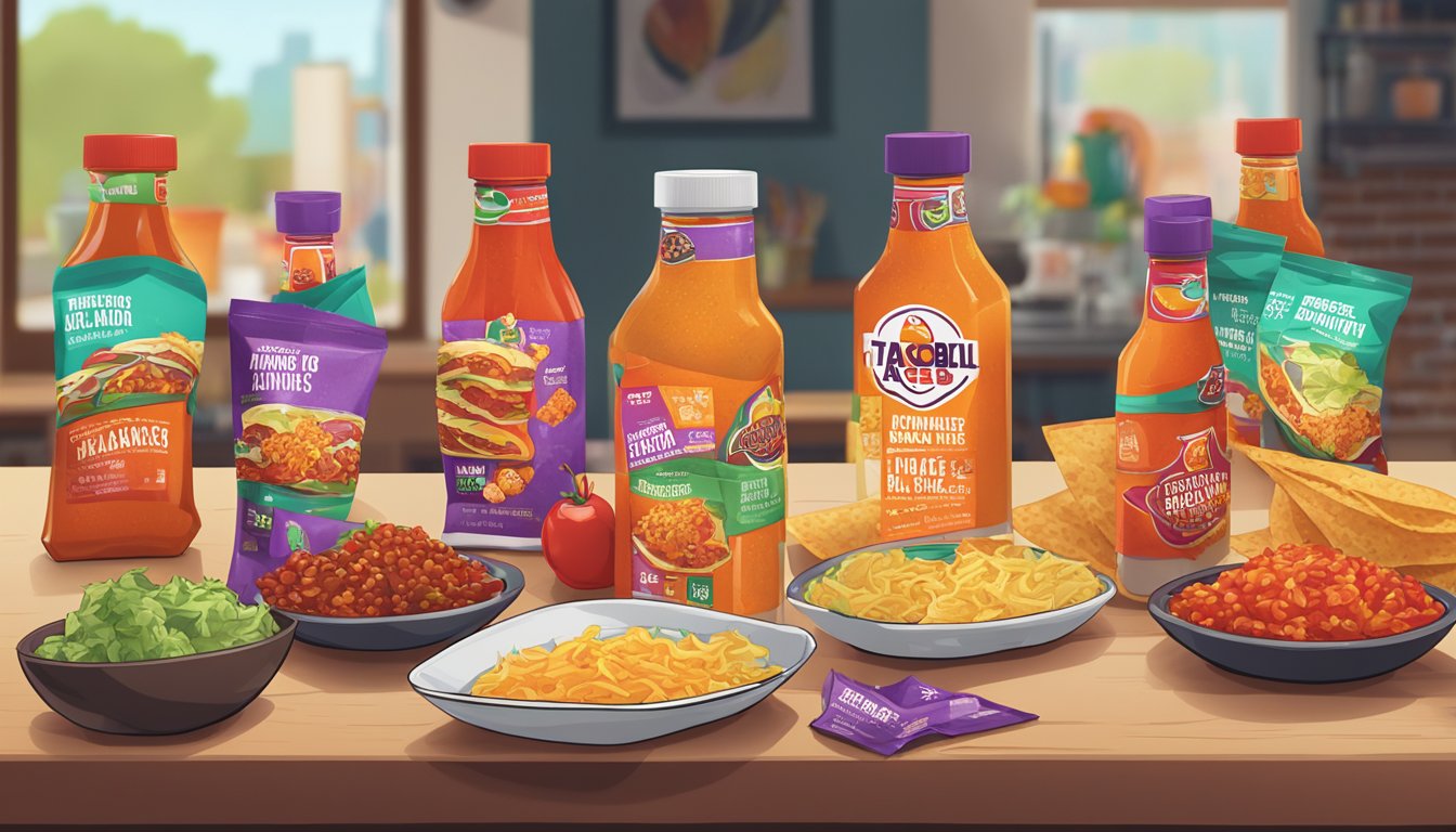 A group of animated hot sauce packets are gathered around a table, chatting and laughing while enjoying breakfast items from Taco Bell