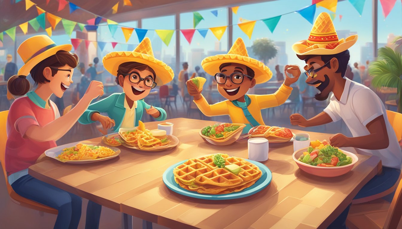 Two waffle tacos and two regular tacos engage in a dance-off competition, surrounded by colorful breakfast items and a festive atmosphere