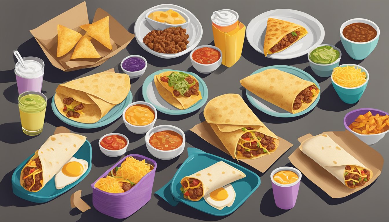 A colorful spread of 11 Taco Bell breakfast items arranged on a table for meal prep, including breakfast burritos, hash browns, and breakfast quesadillas