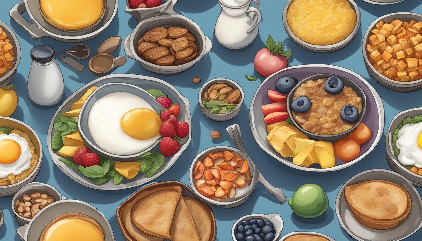 A colorful array of mini skillet bowls and breakfast items arranged in descending order of calories