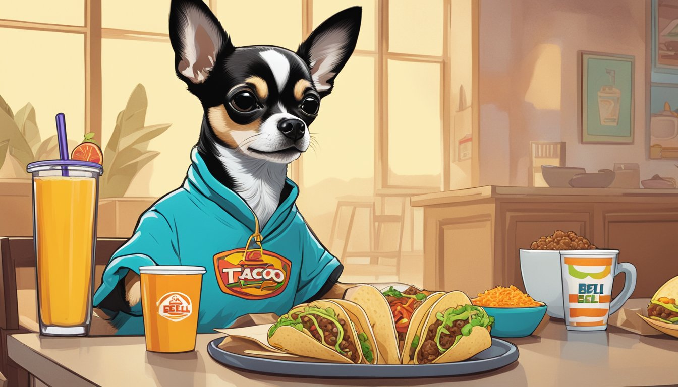 A chihuahua wearing pajamas sits at a breakfast table surrounded by taco ingredients and a Taco Bell logo