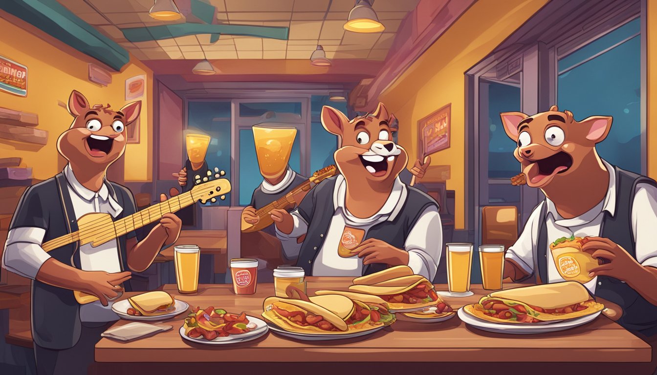 A band of bacon slices playing instruments in a Taco Bell breakfast setting, with comical expressions and lively energy