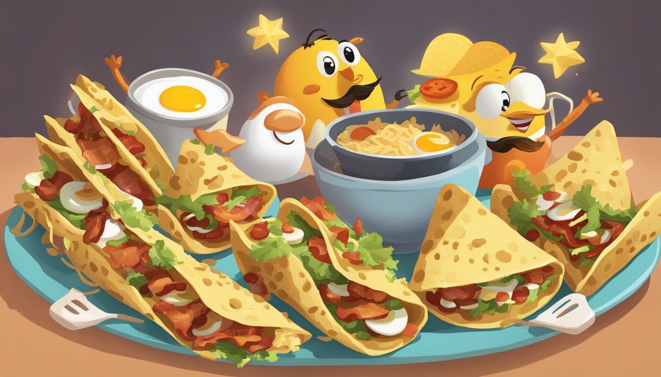 A group of animated breakfast items, including tacos, eggs, and bacon, are arranged in a bell choir formation, with each item holding a tiny bell and appearing to play a cheerful tune