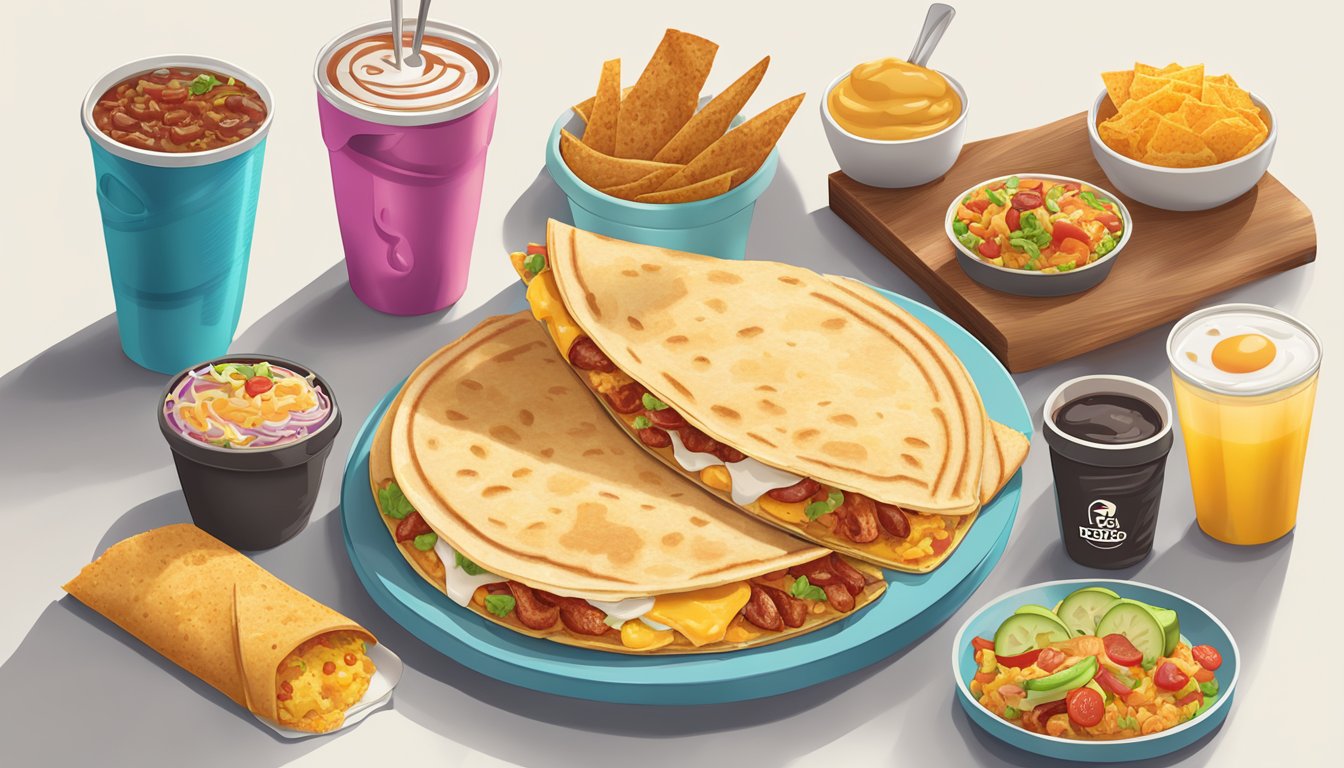 A sizzling bacon breakfast quesadilla surrounded by a selection of Taco Bell breakfast items, with a workout gear in the background