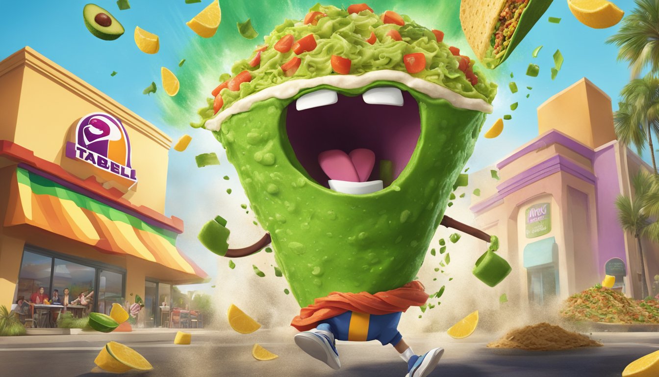 A giant guacamole smoothie spills over a comically oversized taco, causing a goofy explosion of laughter and chaos in a colorful Taco Bell breakfast commercial