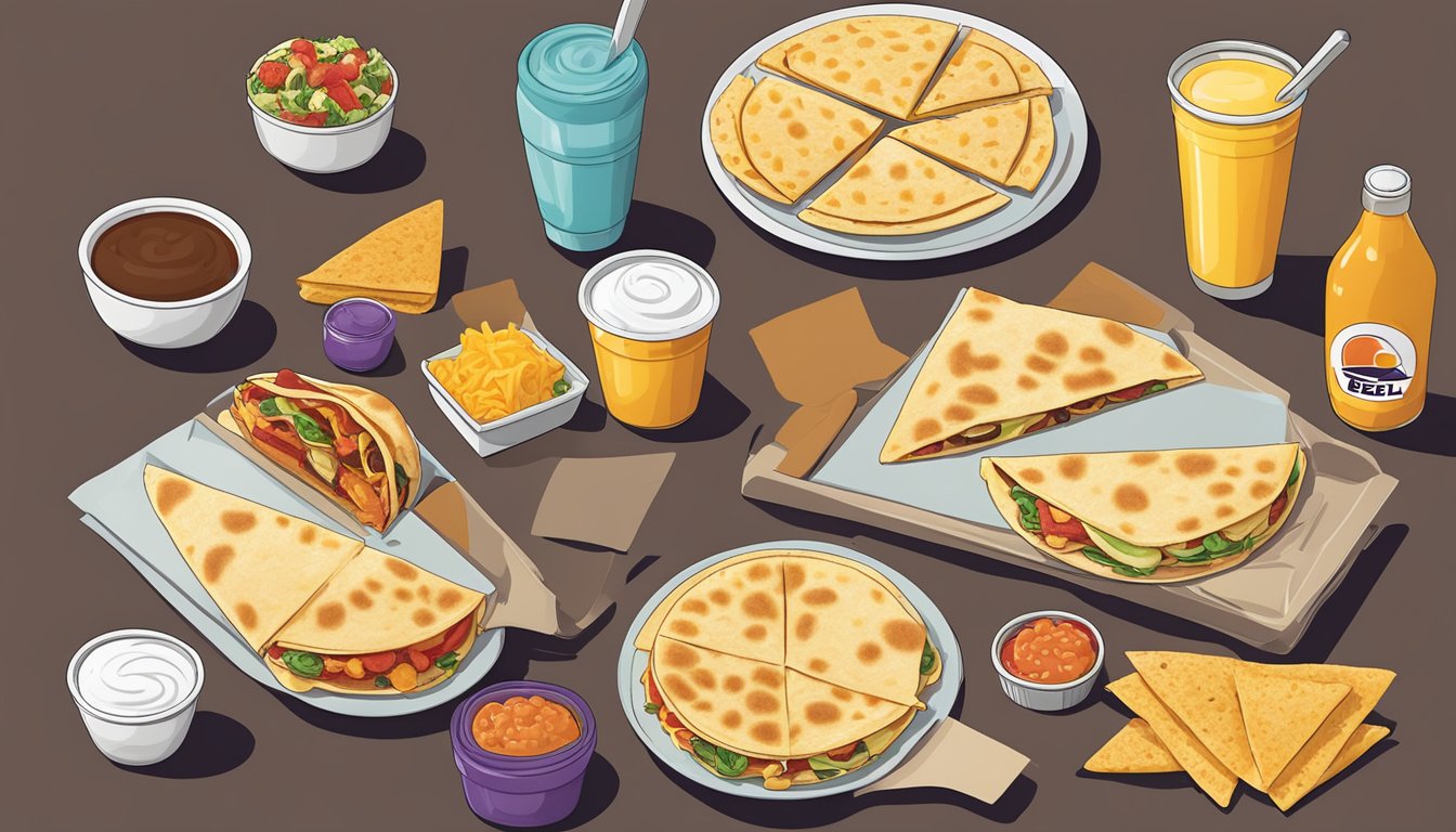 A breakfast quesadilla surrounded by a variety of Taco Bell breakfast items, ranked by calories, laid out on a table