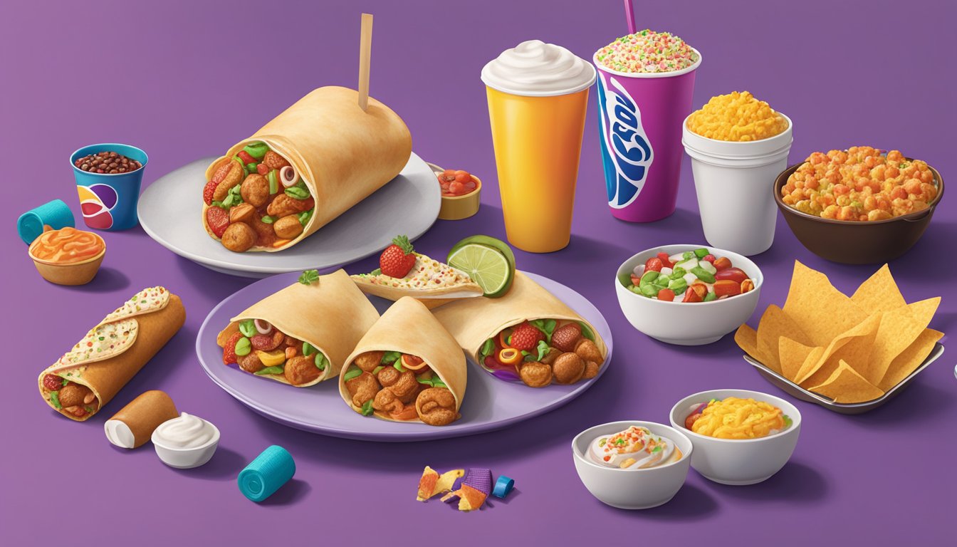 A colorful spread of Cinnabon Delights and Taco Bell breakfast items arranged alongside workout gear