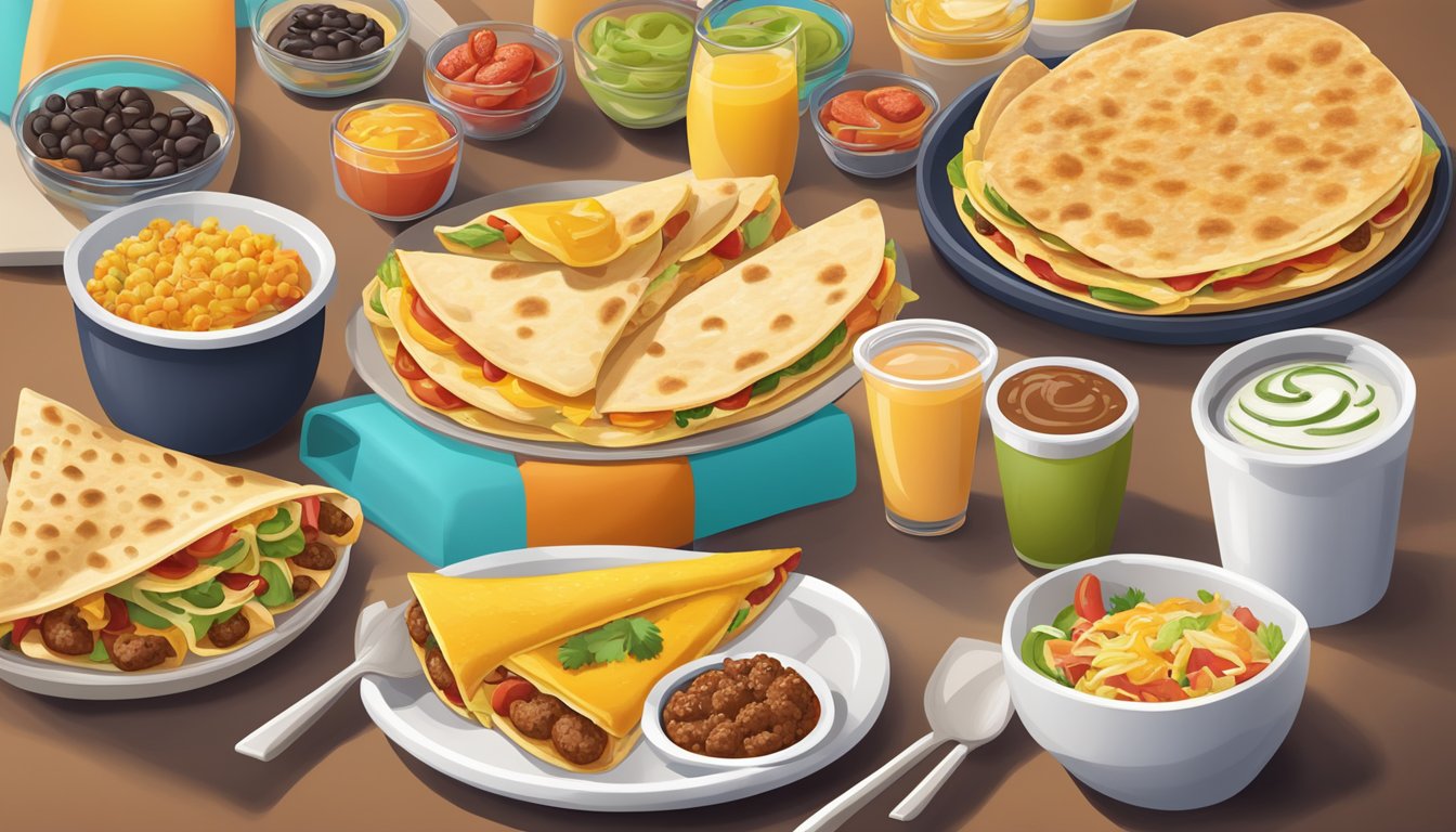 A colorful array of breakfast items arranged in a visually appealing manner, with a focus on the Sausage Flatbread Quesadilla and other Taco Bell offerings