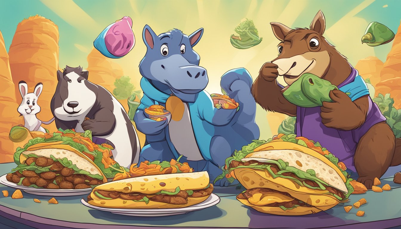 A group of animated animals joyfully munch on Taco Bell breakfast items in perfect synchronization