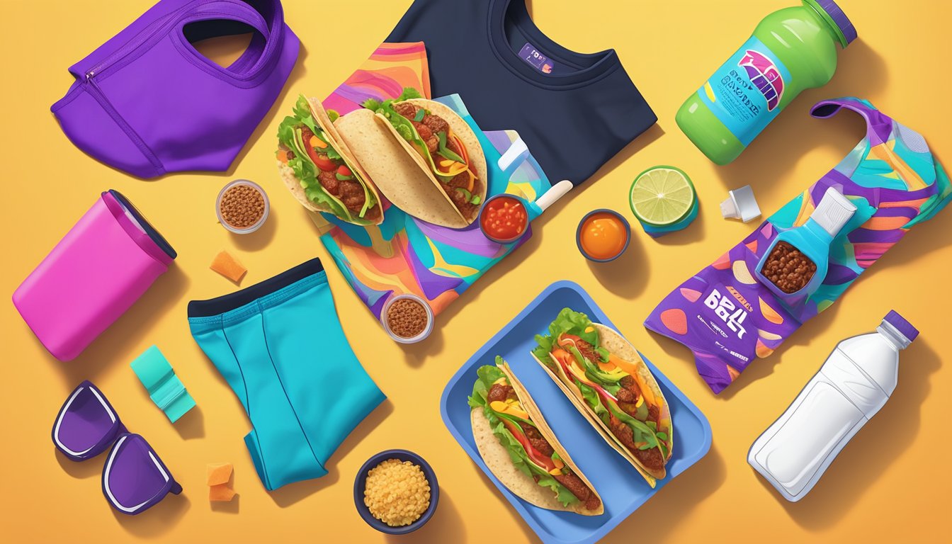 A colorful spread of Taco Bell breakfast items arranged next to workout gear, with a vibrant background highlighting the nutritional benefits of a pre-workout meal