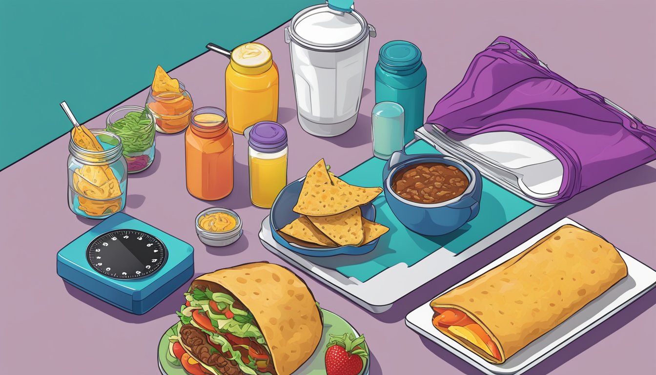 A colorful spread of Taco Bell breakfast items arranged alongside workout gear and a stopwatch, suggesting the perfect timing for a pre-workout meal