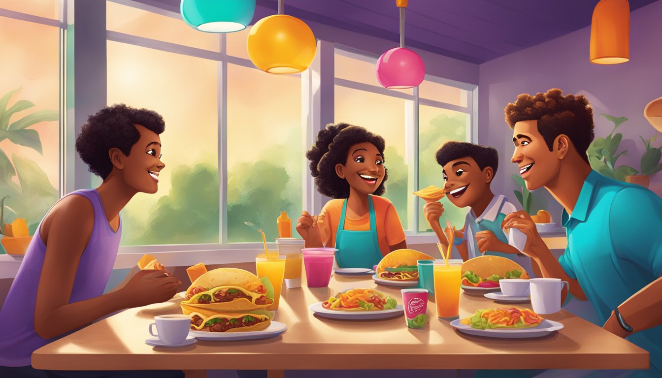 A taco bell breakfast commercial set with vibrant colors and lively characters enjoying breakfast items