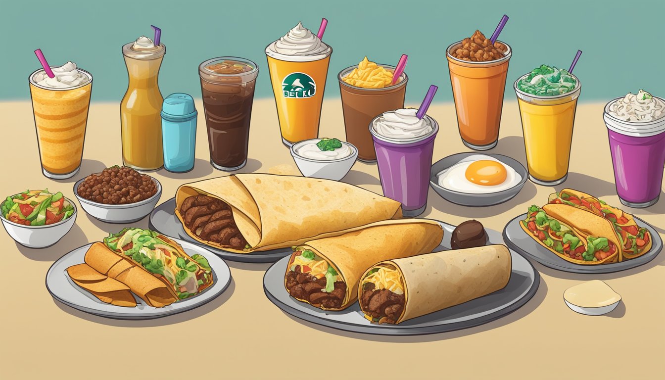 A sizzling steak and egg burrito surrounded by a variety of colorful Taco Bell breakfast items, arranged in a ranked order by calories