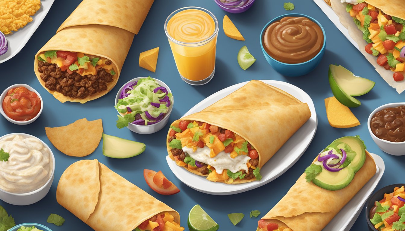 A colorful spread of a Grande Toasted Breakfast Burrito surrounded by six Taco Bell breakfast items, all rich in fiber