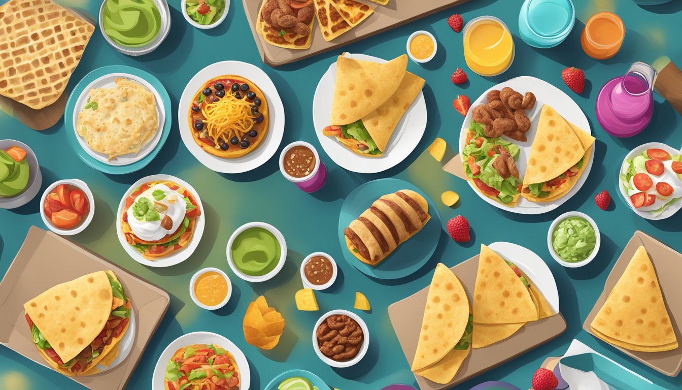 A colorful breakfast spread with a mini sausage flatbread quesadilla and 13 other Taco Bell items, arranged by calorie count