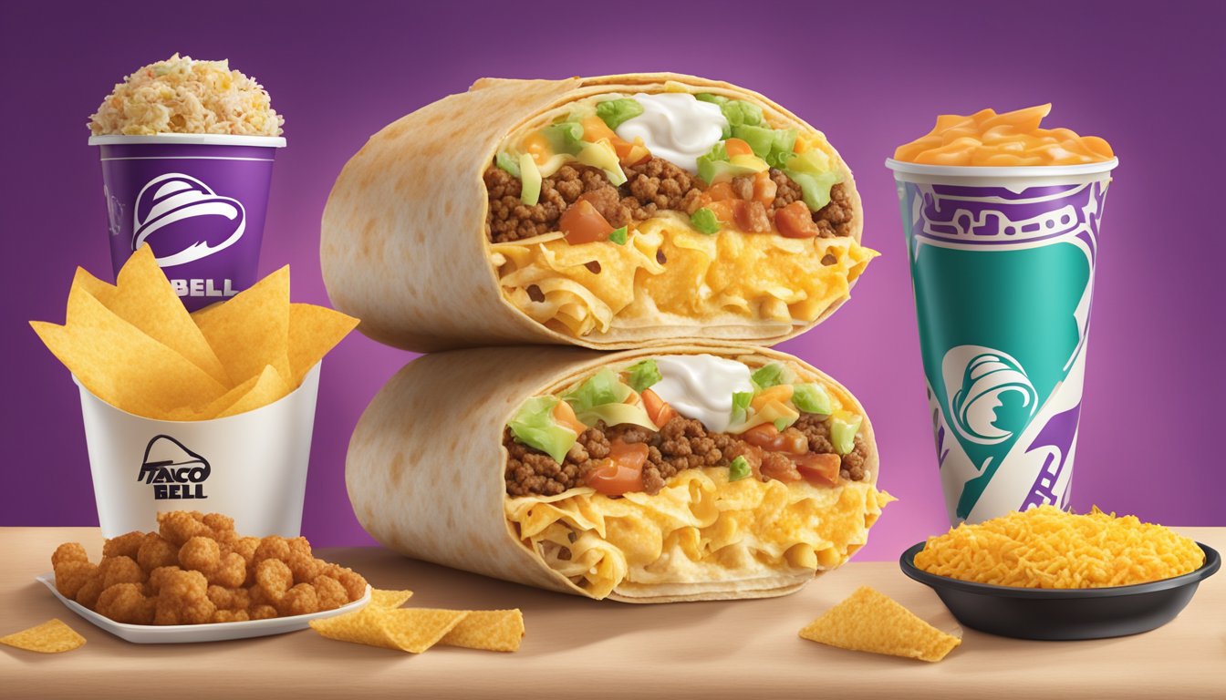 A cheesy breakfast burrito surrounded by six Taco Bell breakfast items, all depicted in a high-fiber setting