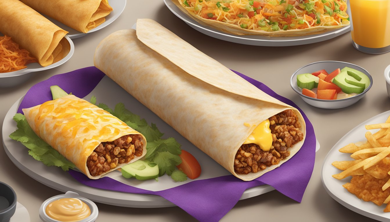 A breakfast burrito filled with crispy hash browns, wrapped in a toasted tortilla, surrounded by other high-fiber Taco Bell breakfast items