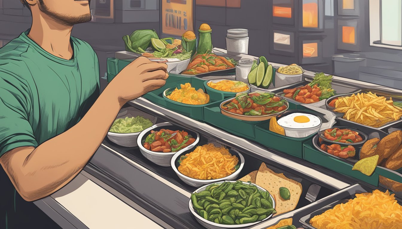 A hand reaching for a side of jalapeños at a Taco Bell breakfast counter, with various breakfast items displayed in the background