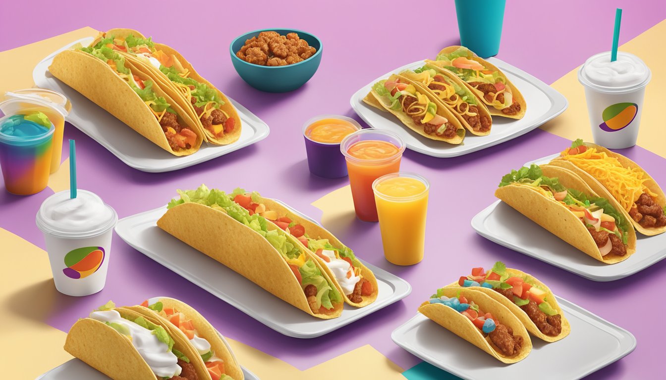 A colorful spread of 14 Taco Bell breakfast items arranged in a ranking order, with their respective calorie counts displayed