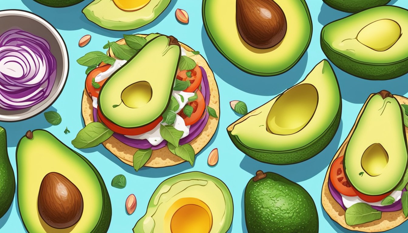 Fresh avocado slices being carefully placed on a breakfast taco, surrounded by colorful ingredients and a vibrant background