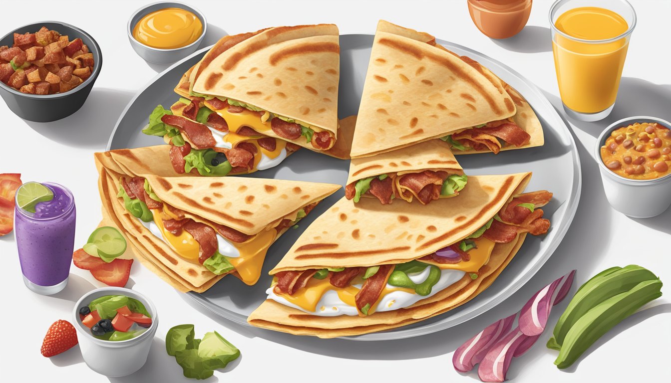 A sizzling bacon breakfast quesadilla surrounded by a variety of high-fiber breakfast items from Taco Bell