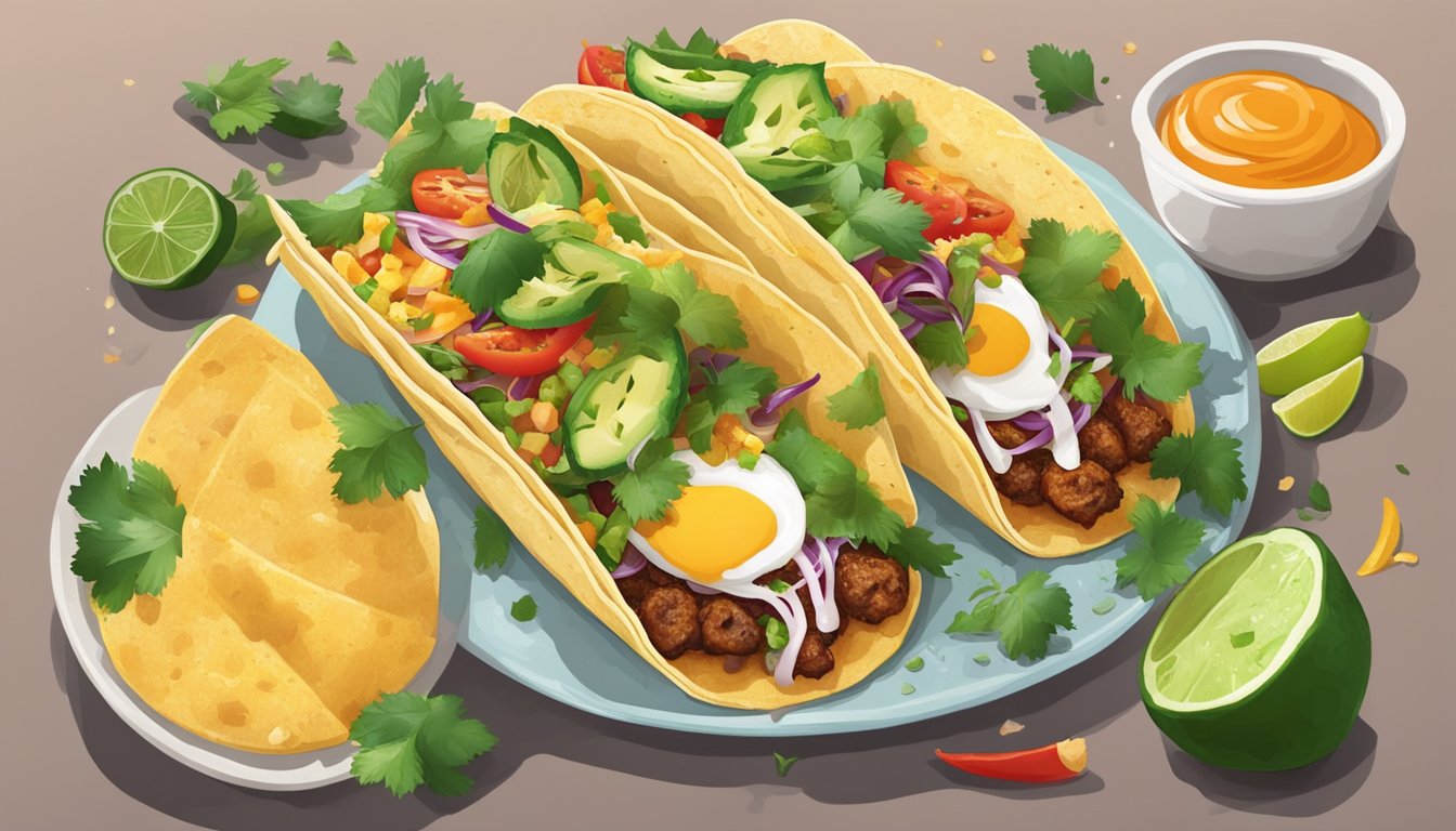 A breakfast taco with chipotle sauce drizzled on top, surrounded by a variety of vibrant and fresh ingredients